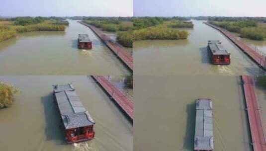 湖州德清下渚湖湿地航拍游船码头高清在线视频素材下载