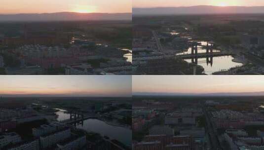 4K航拍新疆阿勒泰地区的布尔津县城清晨美景高清在线视频素材下载