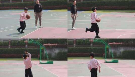 亚洲父亲和儿子在篮球场打篮球慢镜高清在线视频素材下载