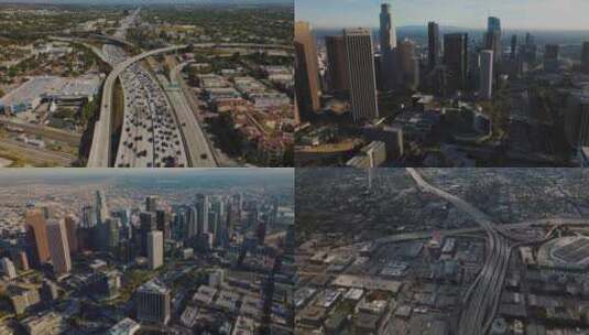 城市航拍美国加州洛杉矶摩天大楼汽车天际线高清在线视频素材下载