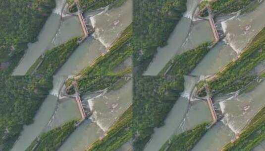 航拍清晨的四川成都岷江都江堰水利工程高清在线视频素材下载