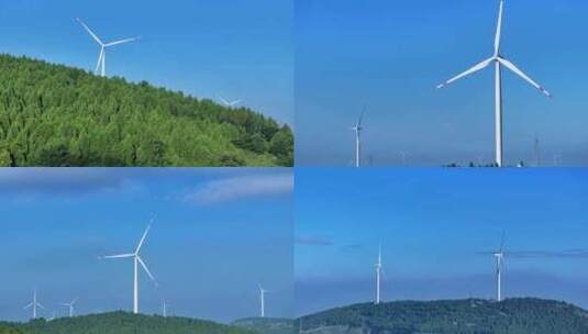 航拍枣庄山亭蓝天白云下的风力发电机组高清在线视频素材下载