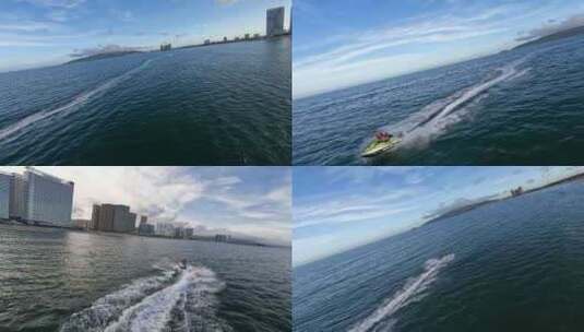 fpv穿越机追摩托艇航拍双月湾大海上娱乐高清在线视频素材下载