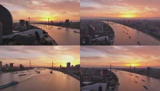 上海杨浦滨江杨浦大桥日出航拍高清在线视频素材下载