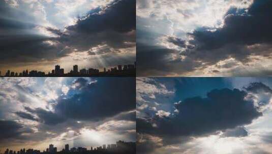 城市剪影延时耶稣光丁达尔光天空乌云满天高清在线视频素材下载