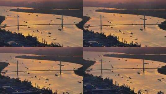 航拍长江落日晚霞轮船运输大桥码头吊装山峦高清在线视频素材下载