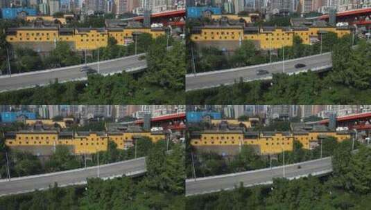 航拍在重庆市内行驶的汽车以及重庆城市风景高清在线视频素材下载