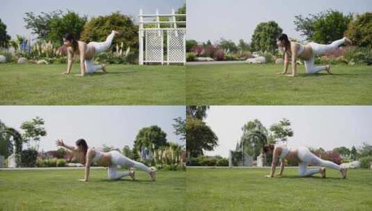 怀孕妇女大肚子准妈妈花园练习瑜伽锻炼身体高清在线视频素材下载