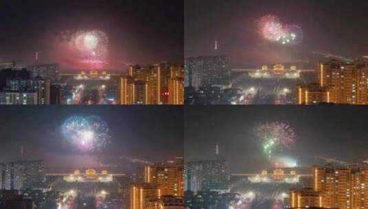 航拍城市新年大型烟花焰火表演高清在线视频素材下载