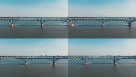 航拍火车经过南京长江大桥高清在线视频素材下载
