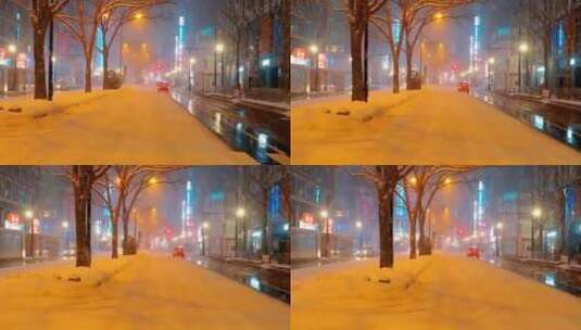 下雪的夜晚城市街道高清在线视频素材下载