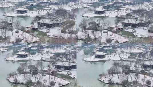 航拍瘦西湖景区园林大明寺观音山宋夹城雪景高清在线视频素材下载