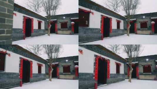 新年春节乡村老家庭院雪景贴对联贴福字高清在线视频素材下载