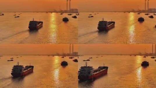 航拍长江夕阳落日码头轮船船只江边运输航道高清在线视频素材下载