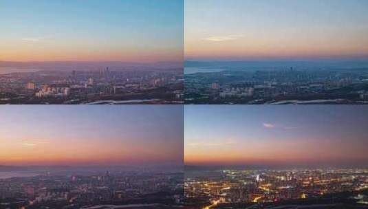 昆明呈贡区高视角城市风光日转夜延时摄影高清在线视频素材下载
