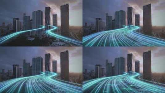 高速互联网数据动画与现代智慧城市空中天际高清在线视频素材下载