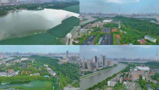 湖北武汉月湖龟山电视塔汉江风景区航拍车流高清在线视频素材下载