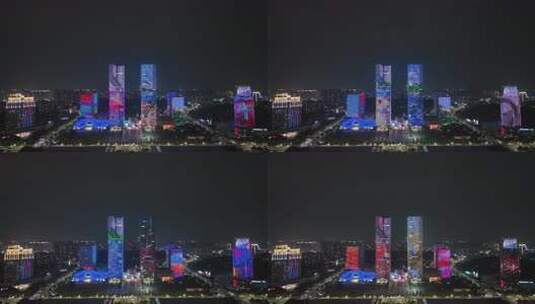 江门五邑华侨广场夜景航拍蓬江万达广场夜景高清在线视频素材下载