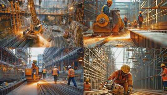 建筑施工现场：工人操作机械作业忙碌场景2高清在线视频素材下载