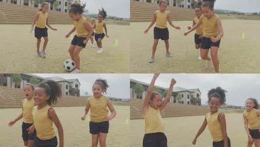 女孩在学校前踢足球高清在线视频素材下载