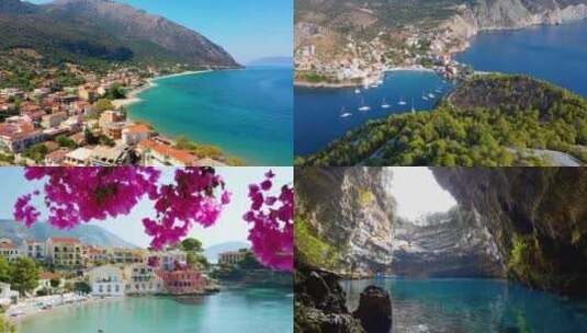 城市航拍海岛城市小镇游艇希腊凯法利尼亚岛高清在线视频素材下载
