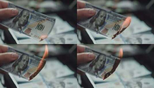 燃烧美国百元钞票金钱的火焰高清在线视频素材下载