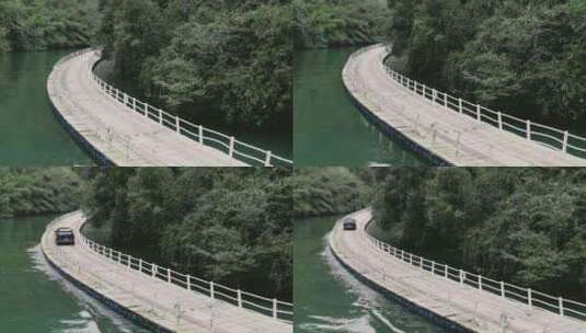 湖北恩施狮子关景区水上浮桥汽车开过航拍高清在线视频素材下载