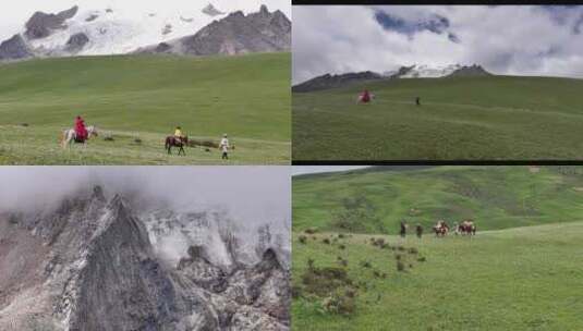 航拍4k四川甘孜格聂雪山查冲西村藏区骑马高清在线视频素材下载