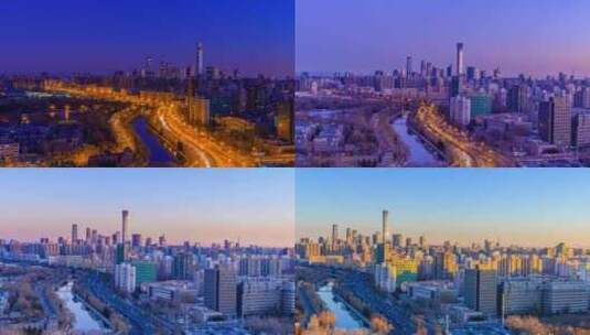 冬季北京国贸城市天际线与车流夜转日延时高清在线视频素材下载