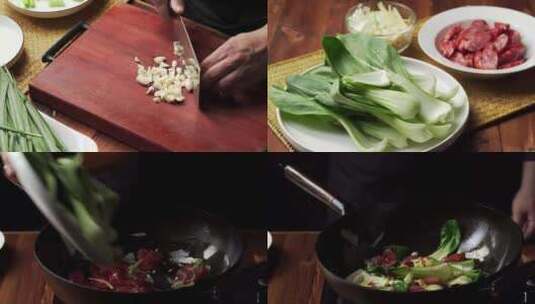 中国地方特色家常菜-腊肠炒青菜烹饪全程高清在线视频素材下载