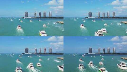 航拍海南三亚冬季游艇万艇出海凤凰岛高清在线视频素材下载