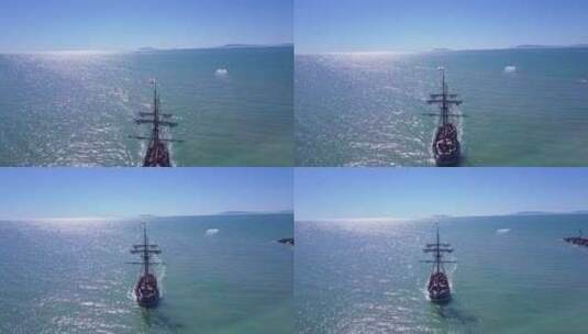 航拍在海洋里航行的高大帆船高清在线视频素材下载
