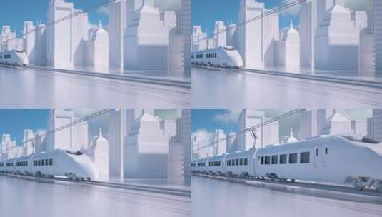 抽象电气化高铁动车高速驶过现代城市建筑高清在线视频素材下载