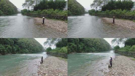 航拍浙江杭州萧山富阳农村溪流钓鱼高清在线视频素材下载