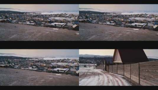 航拍东北大雪后落后的东北农村小镇破旧建筑高清在线视频素材下载