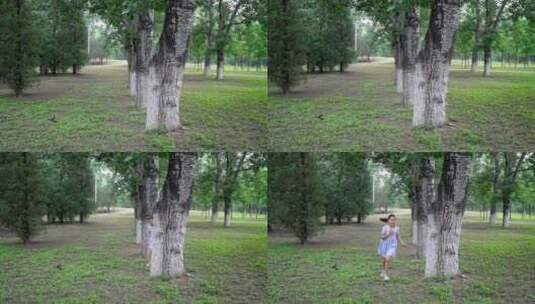 在公园树林奔跑玩耍东方女孩高清在线视频素材下载