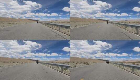 西藏阿里无人区公路行驶车拍摩托车高清在线视频素材下载