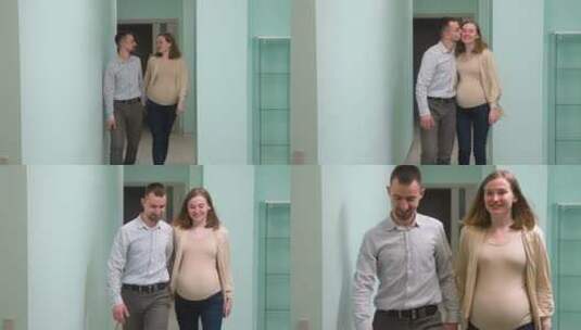 孕妇和她的丈夫手拉手走进房间高清在线视频素材下载