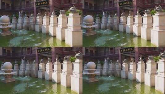 景德镇古窑民俗博物馆喷水十二生肖头景观池高清在线视频素材下载