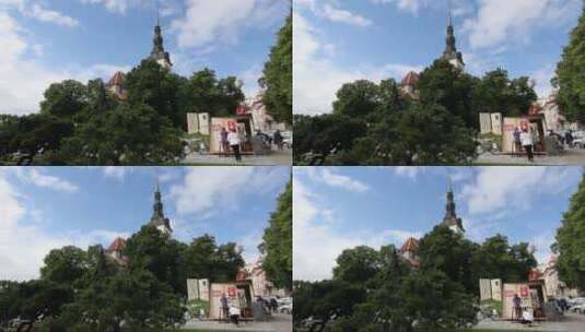 树背后的教堂塔楼高清在线视频素材下载