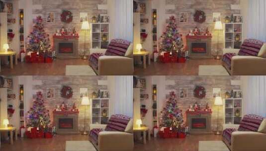 为圣诞节装饰的房间里的壁炉和圣诞树高清在线视频素材下载