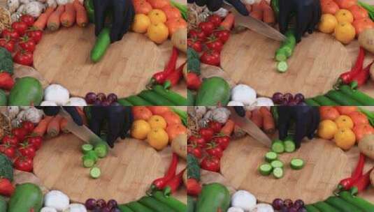 刀切黄瓜西红柿胡萝卜青椒做沙拉视频特写高清在线视频素材下载