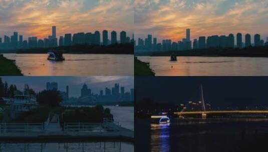 游船晚霞夜景浑河码头富民桥高清在线视频素材下载