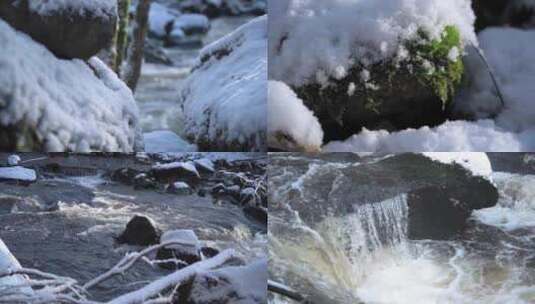 冬季湍急河流积雪植物合集高清在线视频素材下载