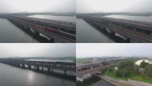 和谐号客运列车货运列车驶过滹沱河大桥高清在线视频素材下载
