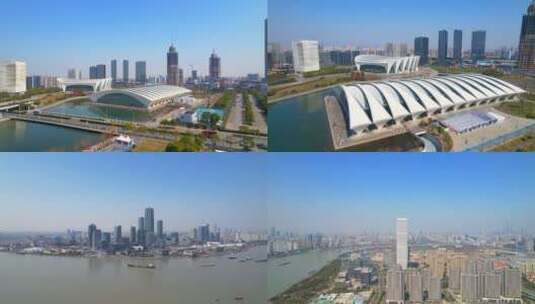 航拍上海前滩东方体育中心徐汇西岸SK大楼高清在线视频素材下载