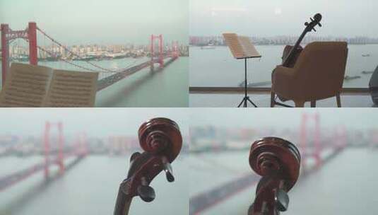 豪宅里眺望江的大提琴  空景  4k高清在线视频素材下载