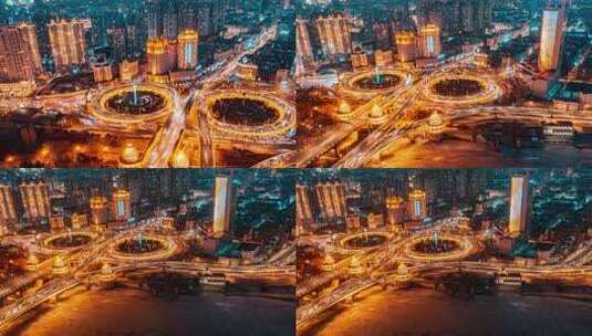 中国哈尔滨松花江公路大桥夜景车流航拍延时高清在线视频素材下载