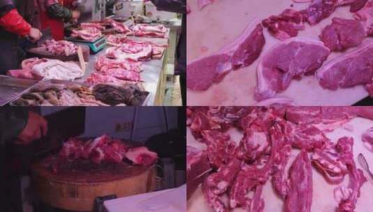 菜市场肉类摊卖猪肉牛肉高清在线视频素材下载