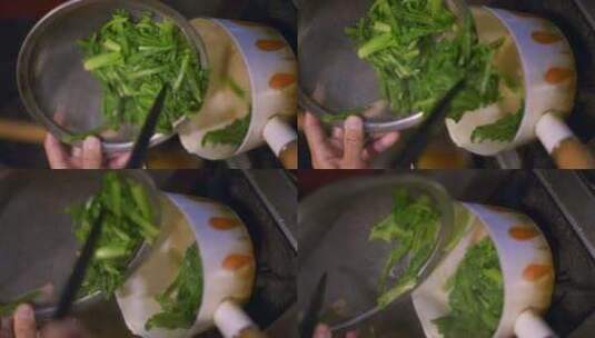 新鲜煮熟的绿色蔬菜从金属过滤器移入白色小高清在线视频素材下载